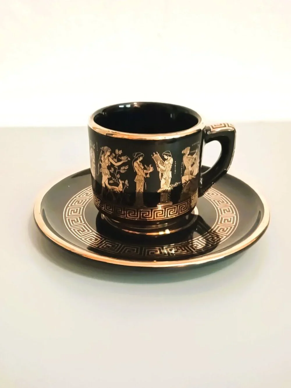ST Greek Key Demitasse Teacup & Saucer Vintage Hand Made with 24K Gold Trim